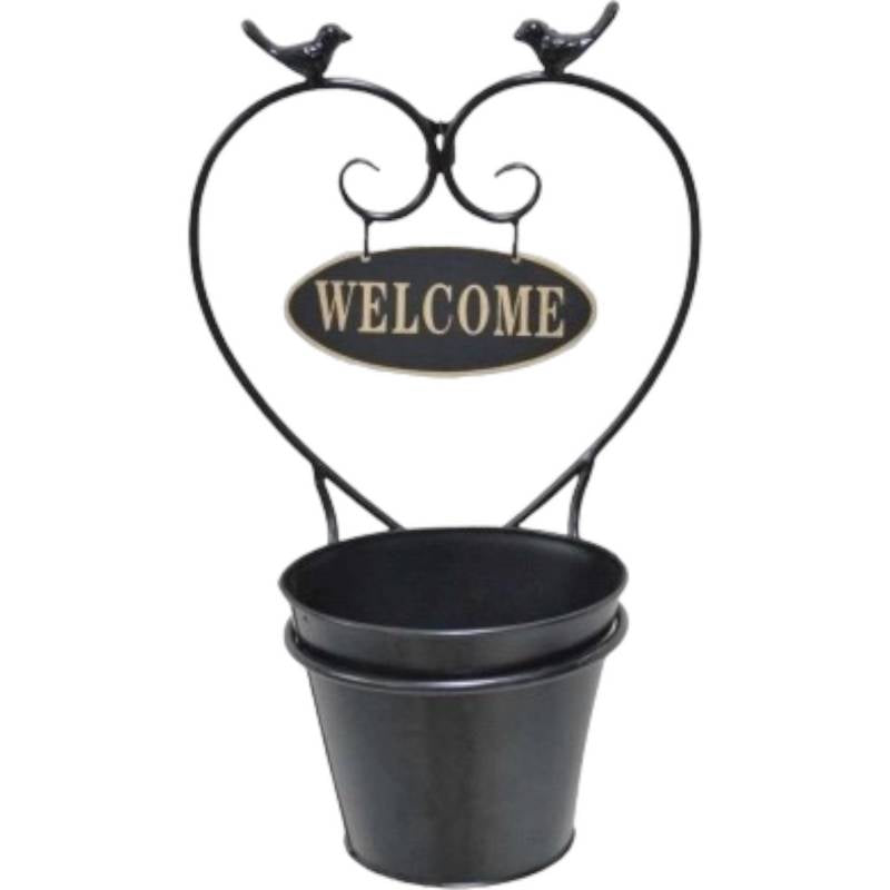 Planter with Bird & Welcome Sign-Black