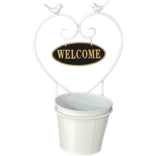 Planter with Bird & Welcome Sign- White