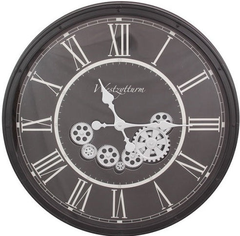 Black Clock with Moving Cogs 73cm